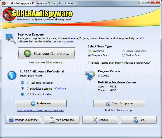 Screenshot af SuperAntiSpyware Free Edition