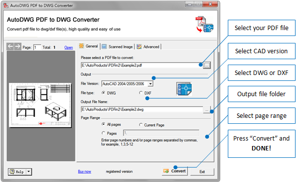 Screenshot af PDF to DWG Stand-Alone version