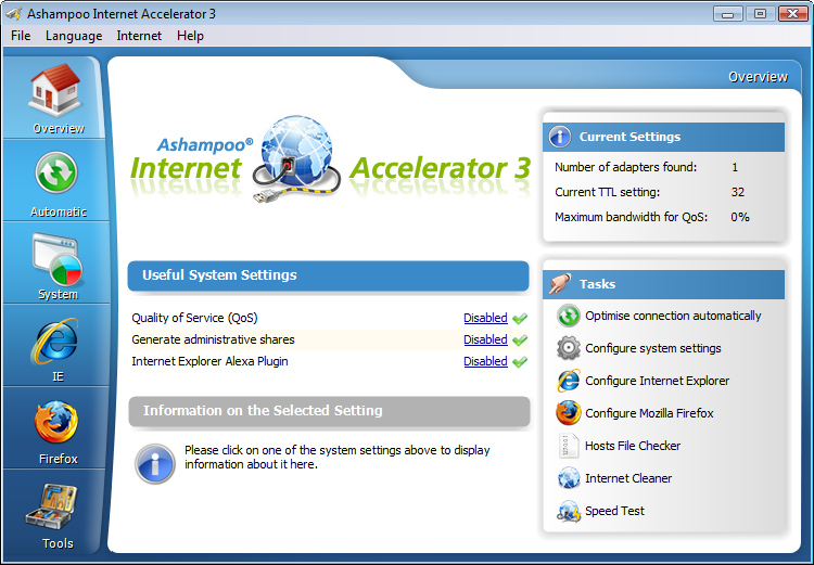 Screenshot af Ashampoo Internet Accelerator