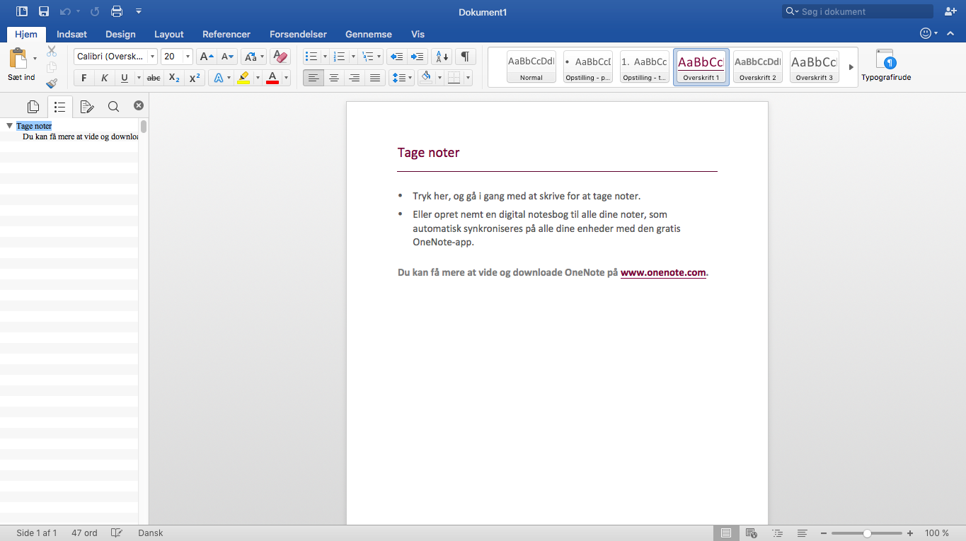 Screenshot af Microsoft Office 2016 til Mac på dansk