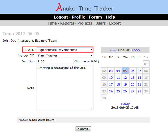 Screenshot af Anuko Time Tracker