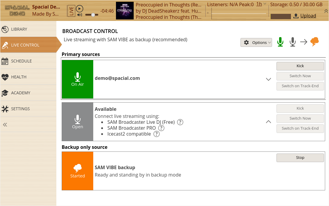 Screenshot af SAM Broadcaster Cloud