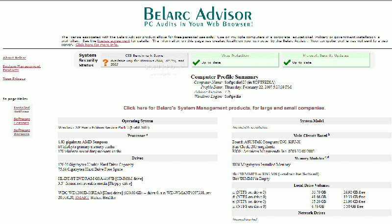 Screenshot af Belarc Advisor