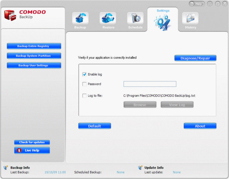 Screenshot af Comodo Backup