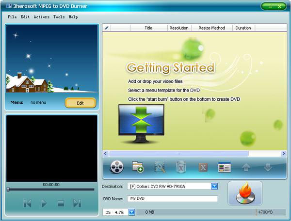 Screenshot af 3herosoft MPEG to DVD Burner