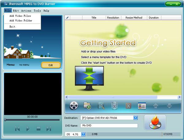 Screenshot af 3herosoft MPEG to DVD Burner