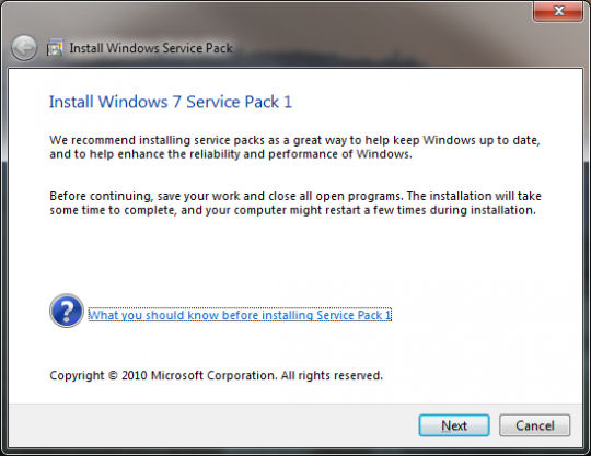 Screenshot af Windows 7 Service Pack