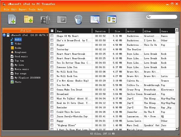 Screenshot af iMacsoft iPod to PC Transfer