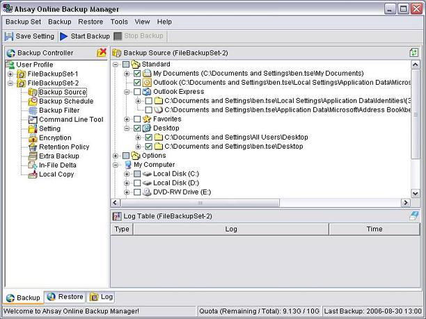 Screenshot af Ahsay Backup Software
