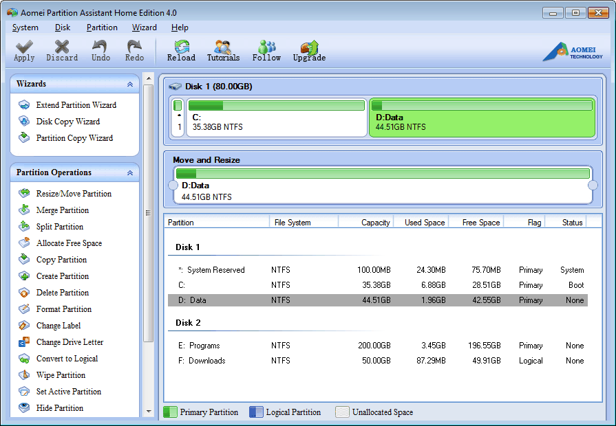 Screenshot af AOMEI Partition Assistant Standard Edition