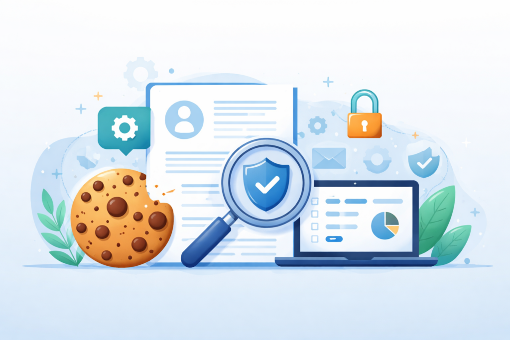Illustration zu Datenschutz und Cookies mit Dokumenten, Lupe, Schutzschild, Schloss und Analyseübersicht