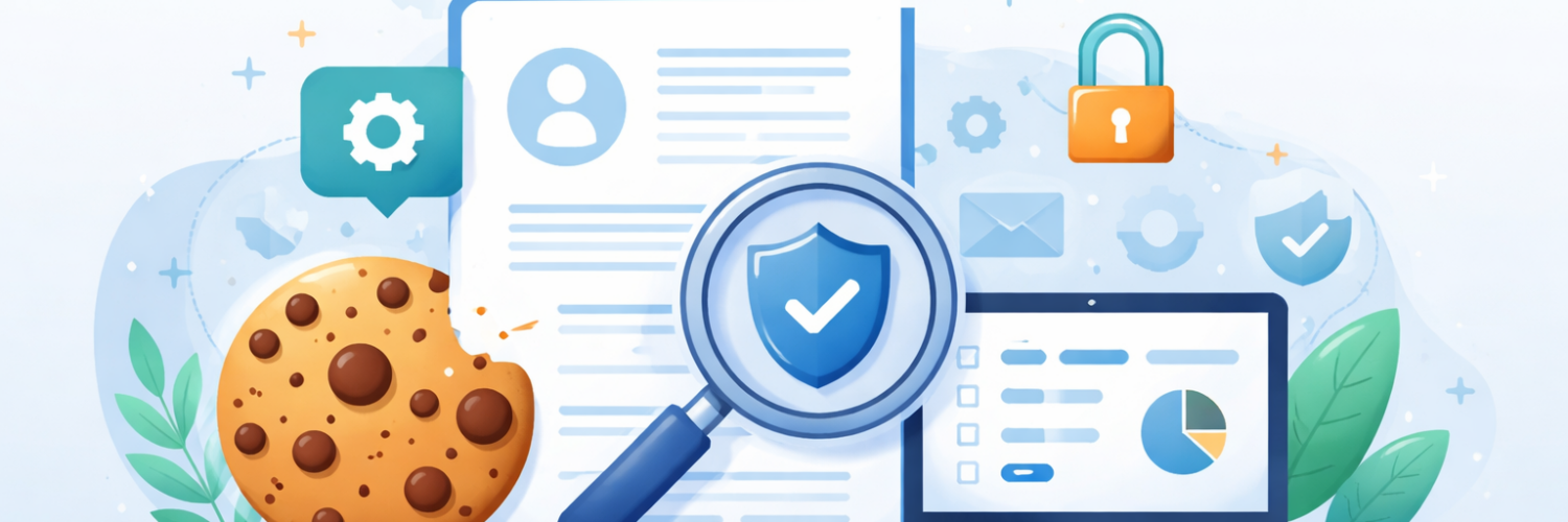 Illustration zu Datenschutz und Cookies mit Dokumenten, Lupe, Schutzschild, Schloss und Analyseübersicht