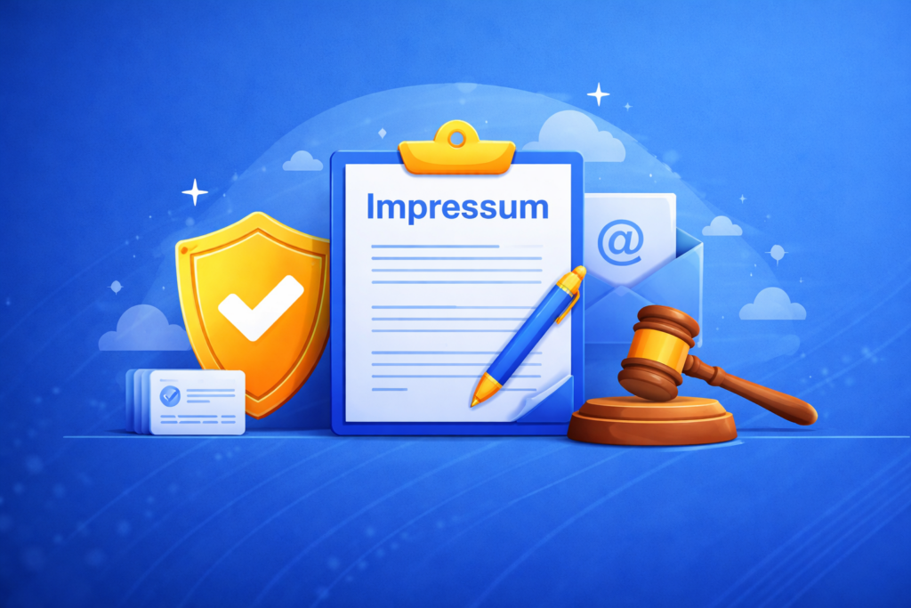 Illustration zum Impressum mit Dokument, Schutzschild, Richterhammer und Kontaktsymbolen