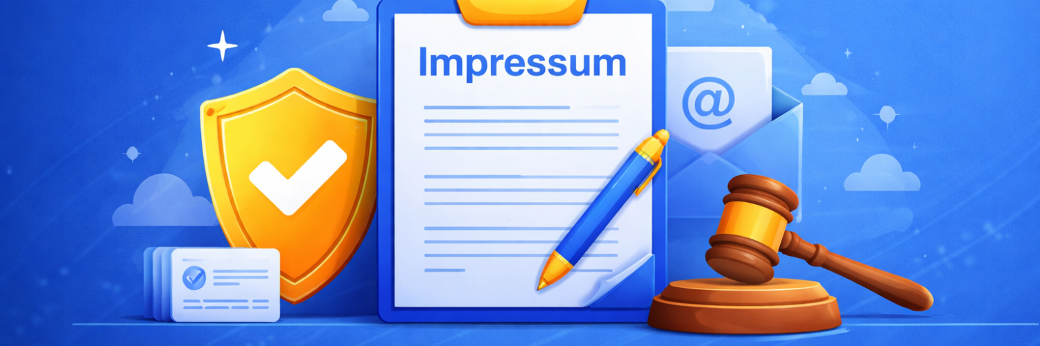 Illustration zum Impressum mit Dokument, Schutzschild, Richterhammer und Kontaktsymbolen